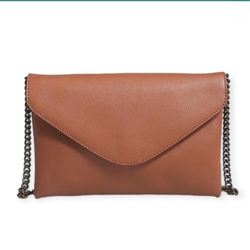 J Crew Tan Leather Chain Strap Envelope Clutch Purse